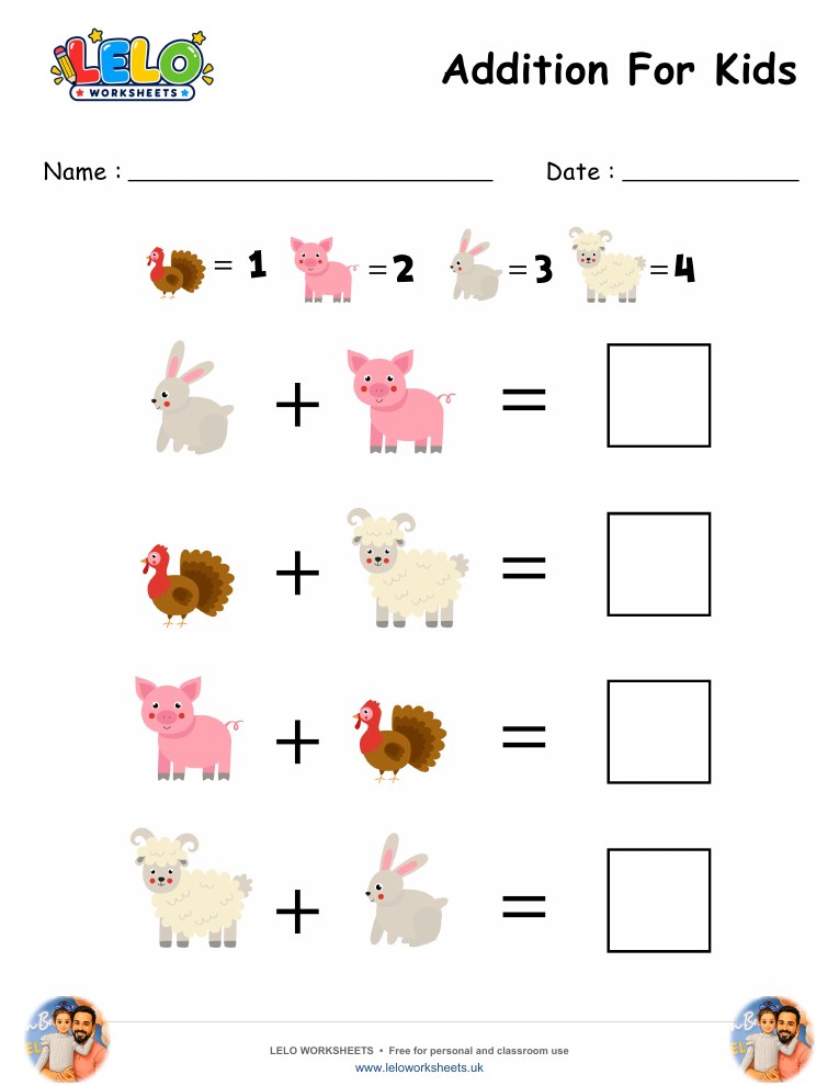 Addition Farm Animals Worksheet worksheet preview