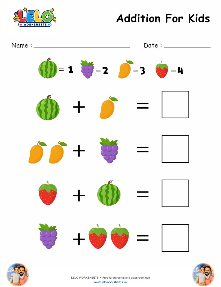 Addition Fruits Worksheet worksheet preview