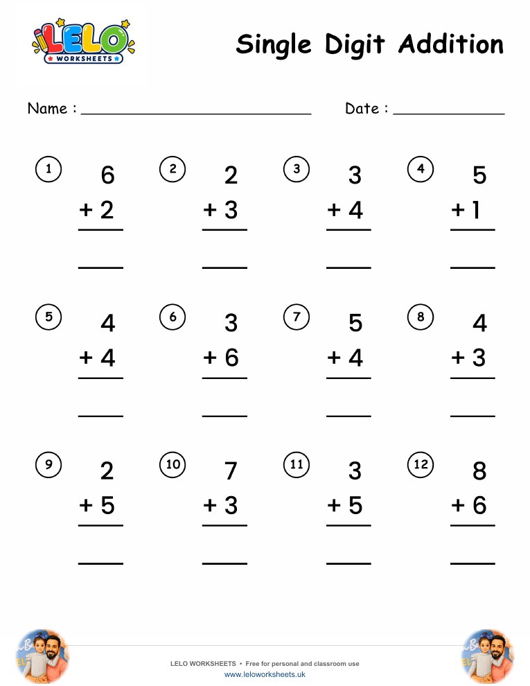 Single Digit Addition Worksheet worksheet preview