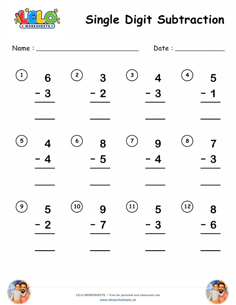 Single Digit Subtraction Worksheet worksheet preview