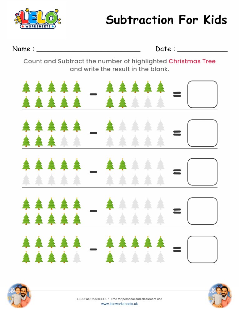 Subtraction Christmas Tree Worksheet worksheet preview