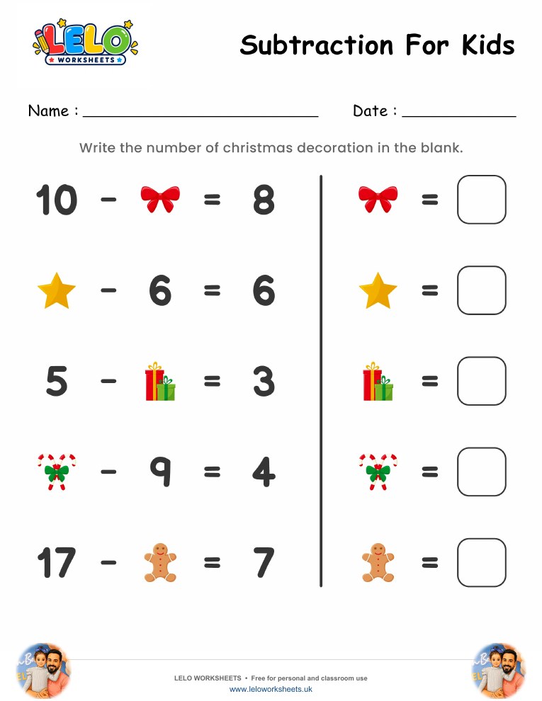Subtraction Christmas Worksheet worksheet preview
