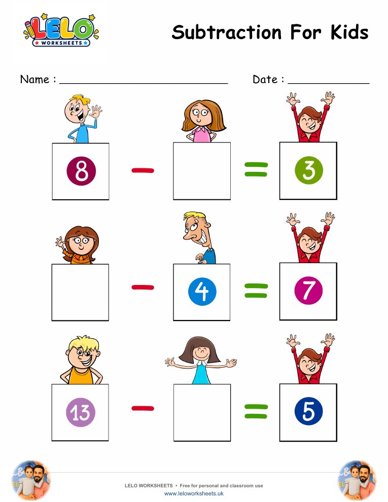 Subtraction Cute Kids Worksheet worksheet preview