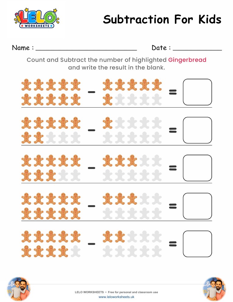 Subtraction Gingerbread Worksheet worksheet preview