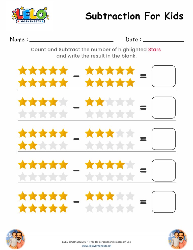 Subtraction Stars Worksheet worksheet preview