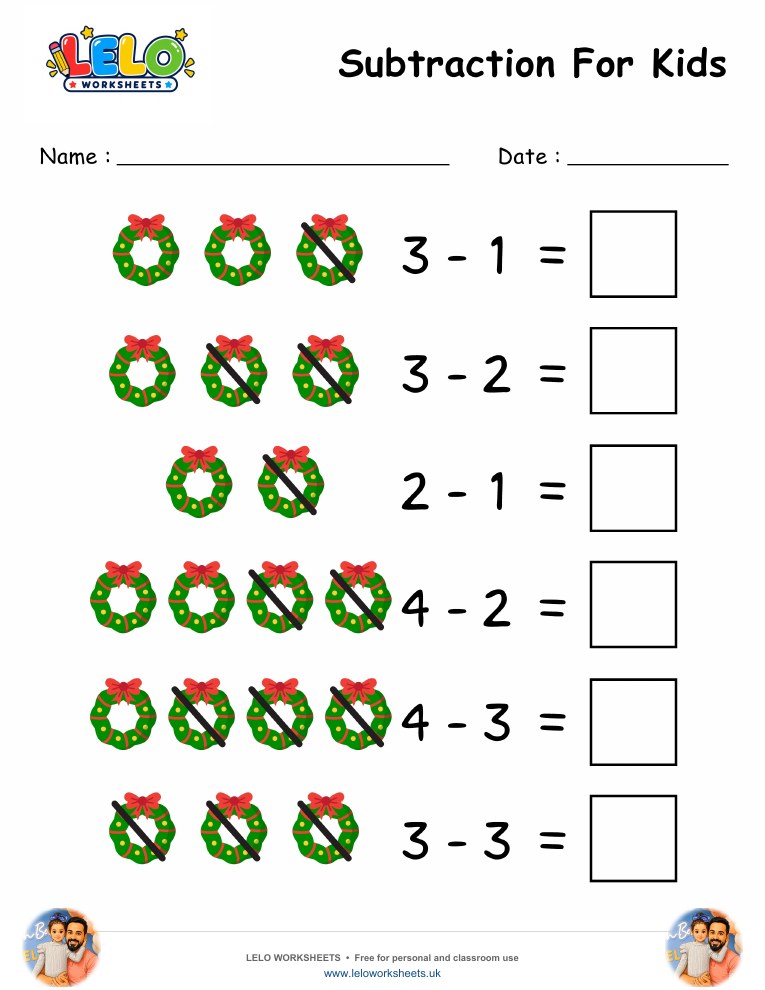 Subtraction Wreaths Worksheet worksheet preview