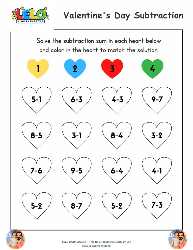 Valentines Day Subtraction Worksheet worksheet preview