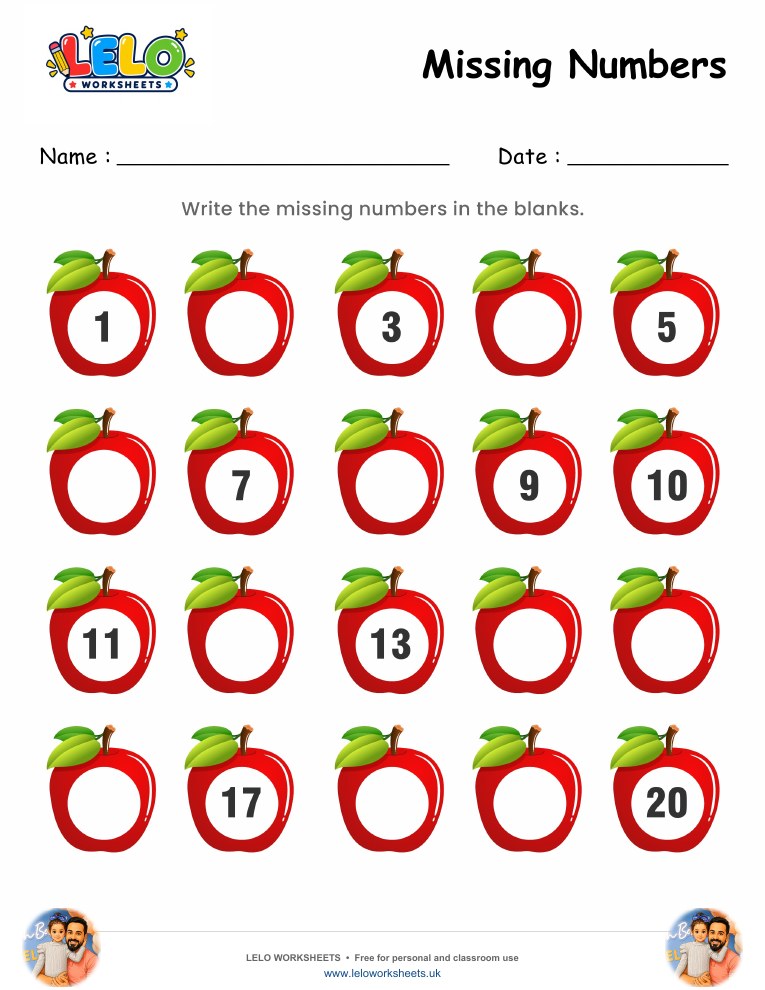 Apple Missing Numbers Worksheet 1-20 worksheet preview