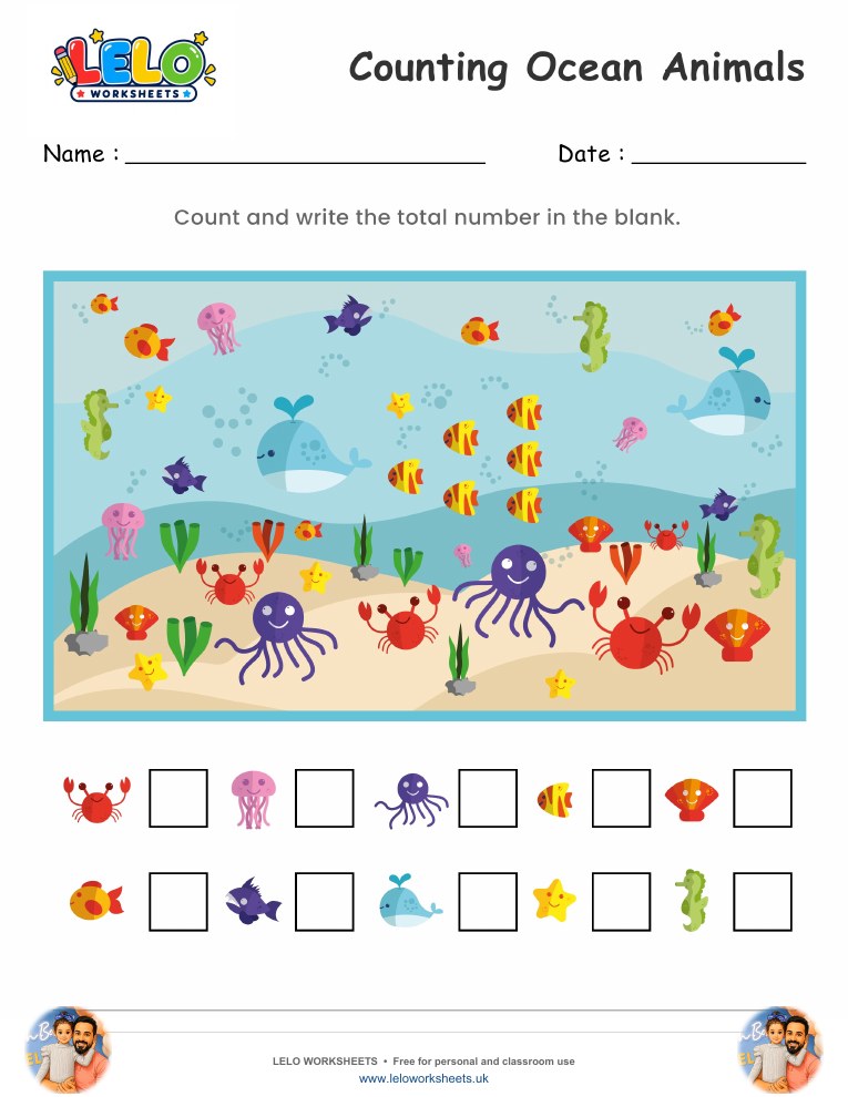 Counting Ocean Animals Worksheets worksheet preview