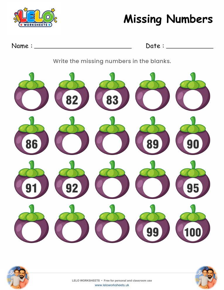 Eggplant Missing Numbers Worksheet 81-100 worksheet preview