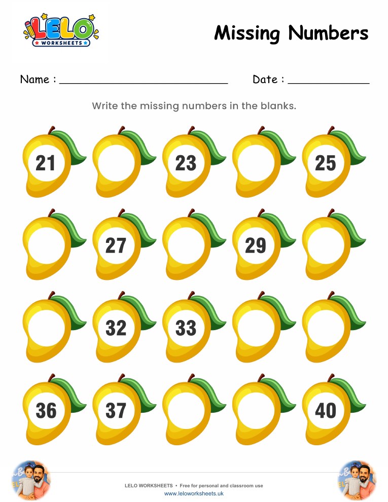 Mango Missing Numbers Worksheet 21-40 worksheet preview