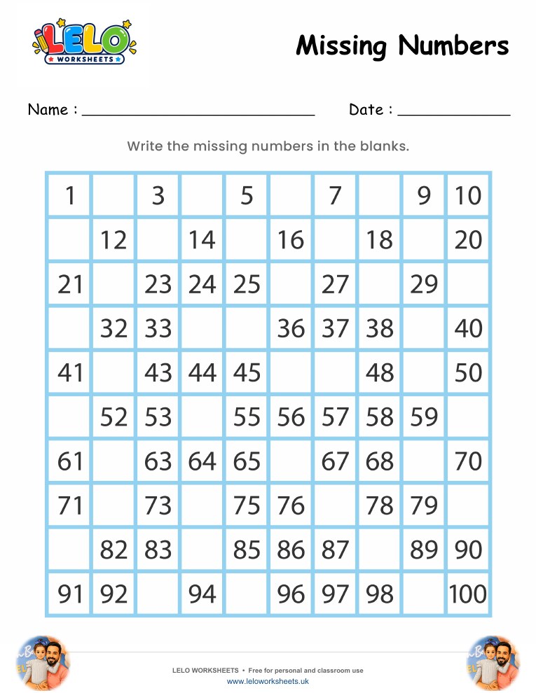 Missing Numbers Worksheet 1-100 worksheet preview