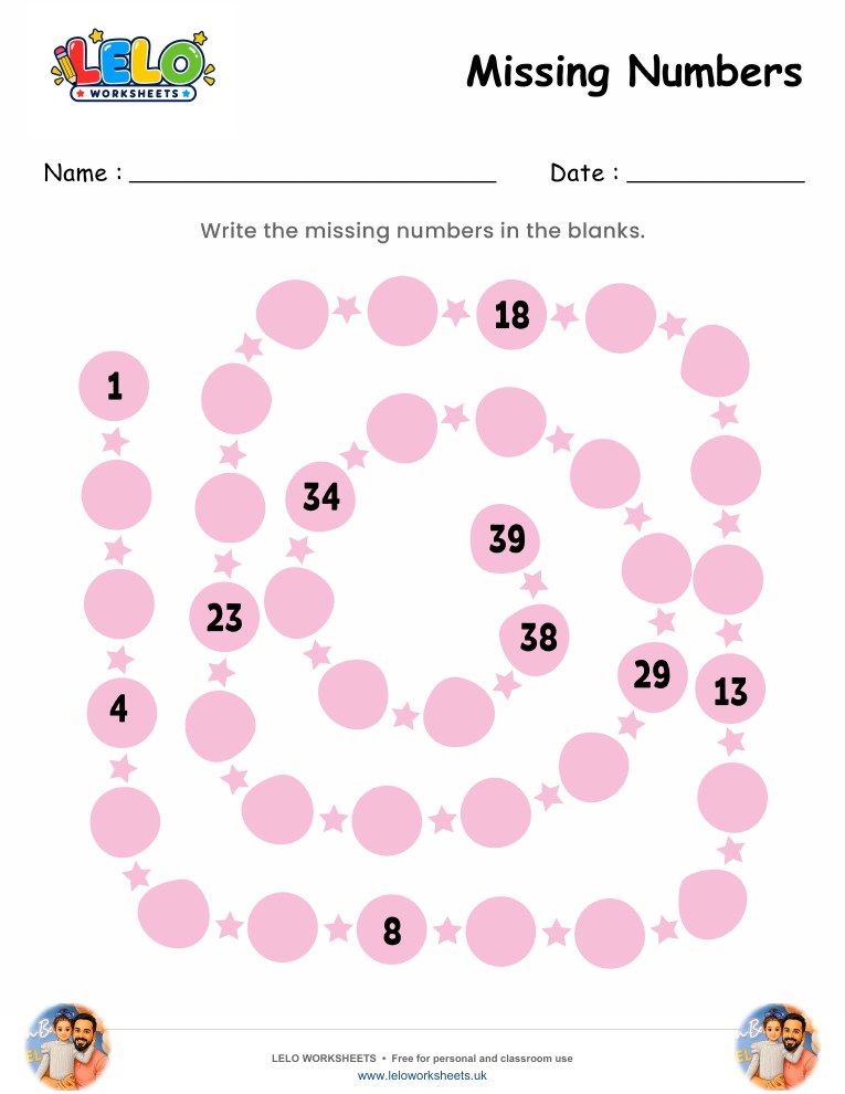 Missing Numbers Worksheet 1-39 worksheet preview