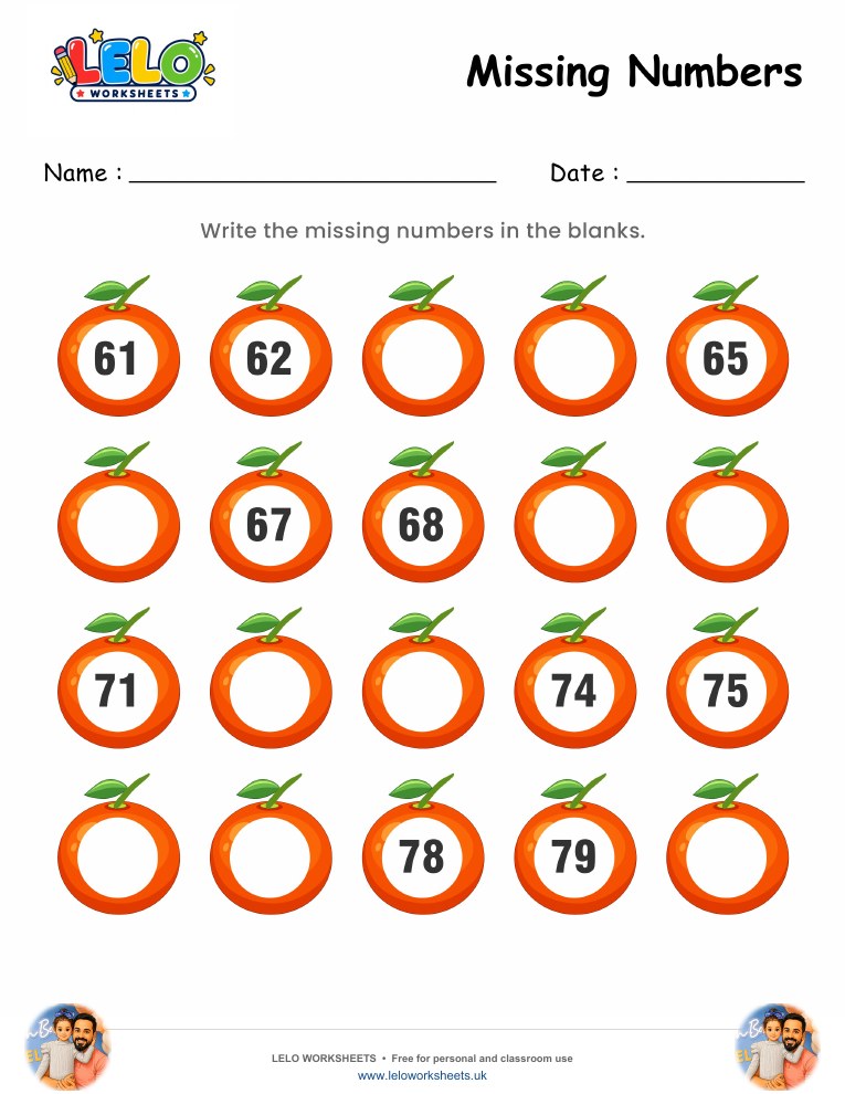 Orange Missing Numbers Worksheet 61-80 worksheet preview