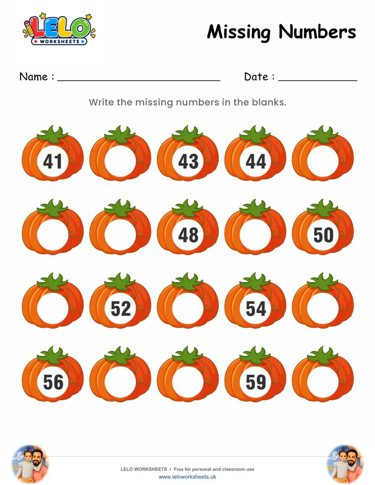 Pumpkin Missing Numbers Worksheet 41-60 worksheet preview