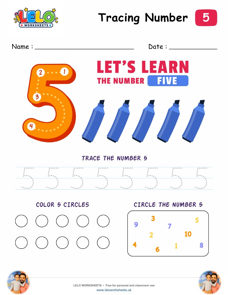 Tracing Number Five-5 Worksheet worksheet preview