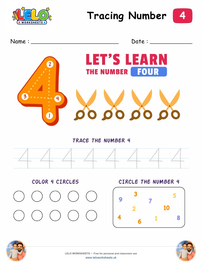 Tracing Number Four-4 Worksheet worksheet preview