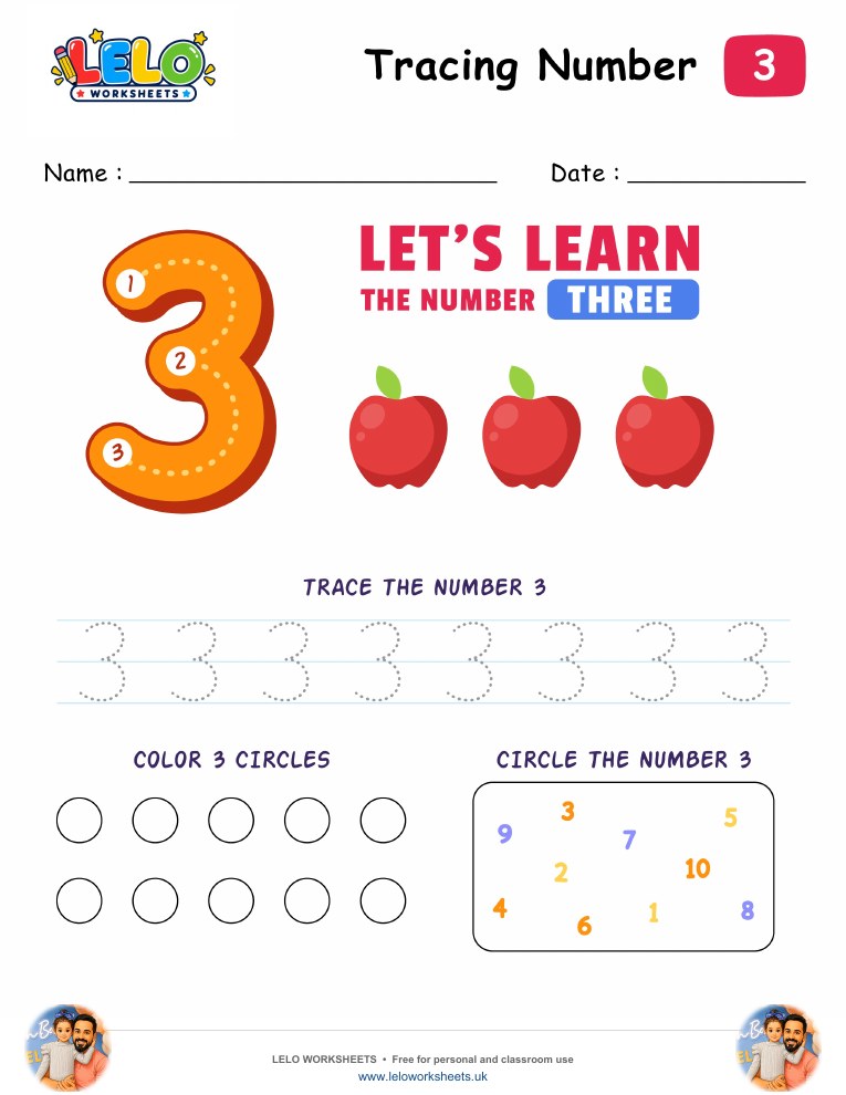 Tracing Number Three-3 Worksheet worksheet preview