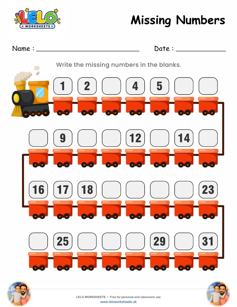 Train Missing Numbers Worksheet 1-31 worksheet preview