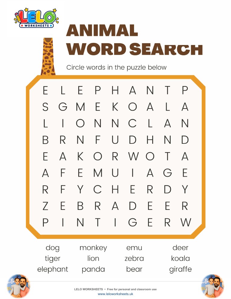 Animal Word Search Worksheet worksheet preview