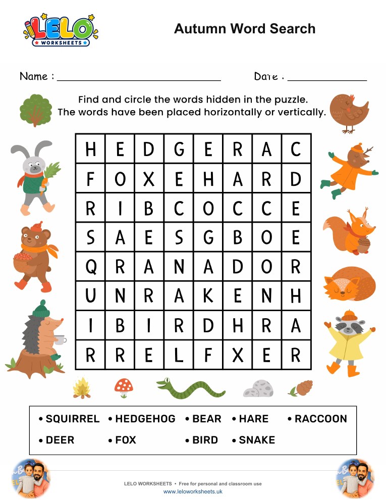 Autumn Word Search puzzle worksheet preview