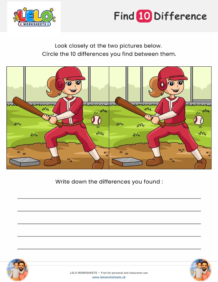 Baseball Spot the Difference Worksheet worksheet preview