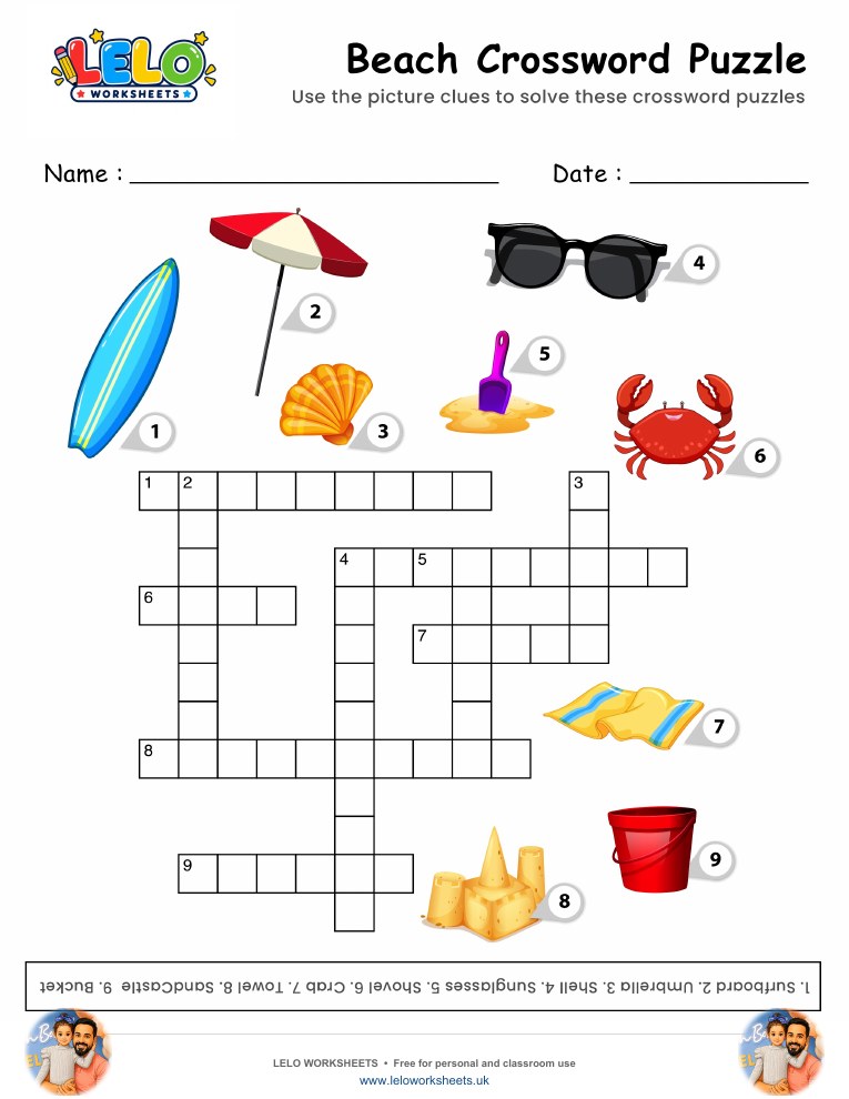 Beach Crossword Puzzle Worksheet worksheet preview