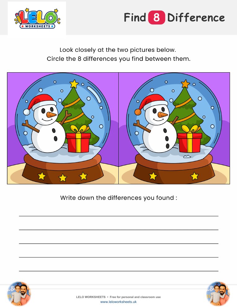 Christmas Snow Globe Spot the Difference Worksheet worksheet preview