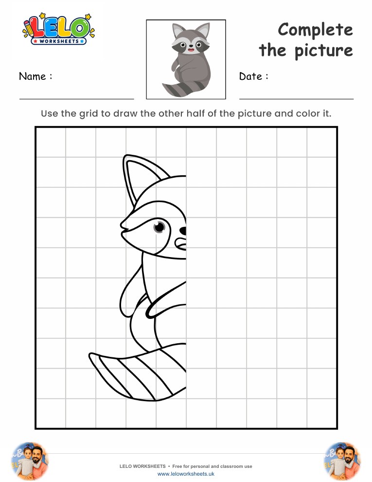 Complete the picture Raccoon worksheet worksheet preview