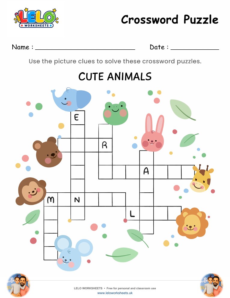 Crossword Puzzle Cute Animals Worksheet worksheet preview