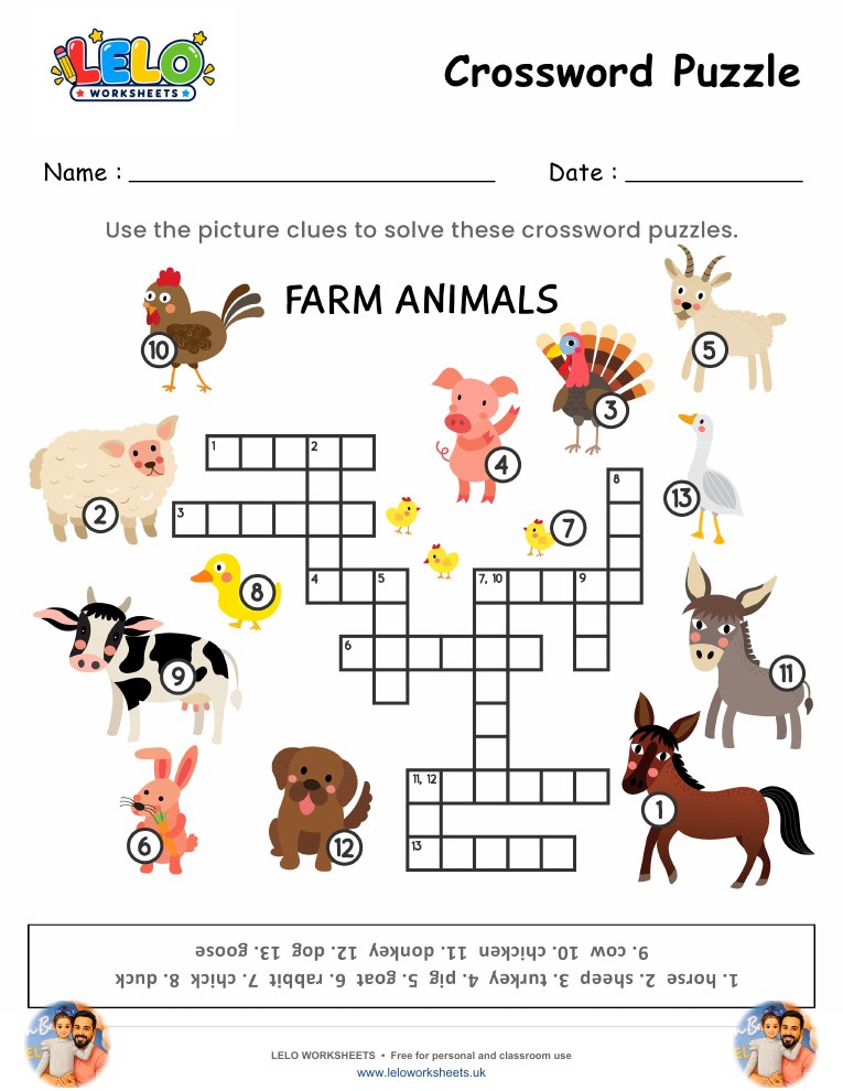 Crossword Puzzle Farm Animals Worksheet worksheet preview