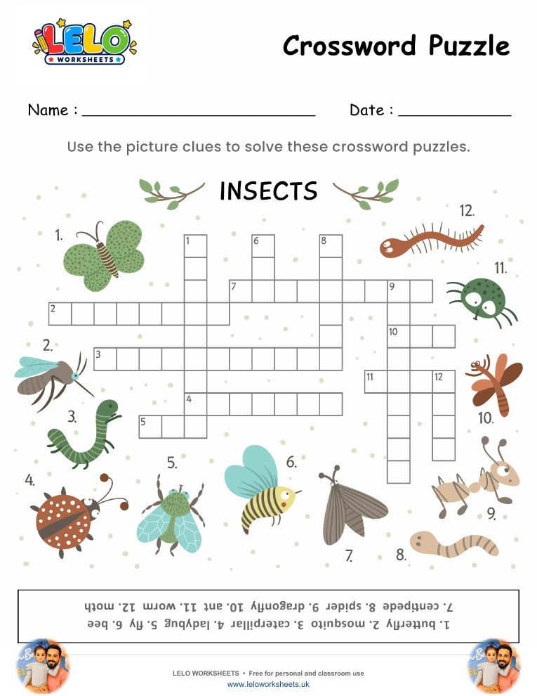 Crossword Puzzle Insects Worksheet worksheet preview
