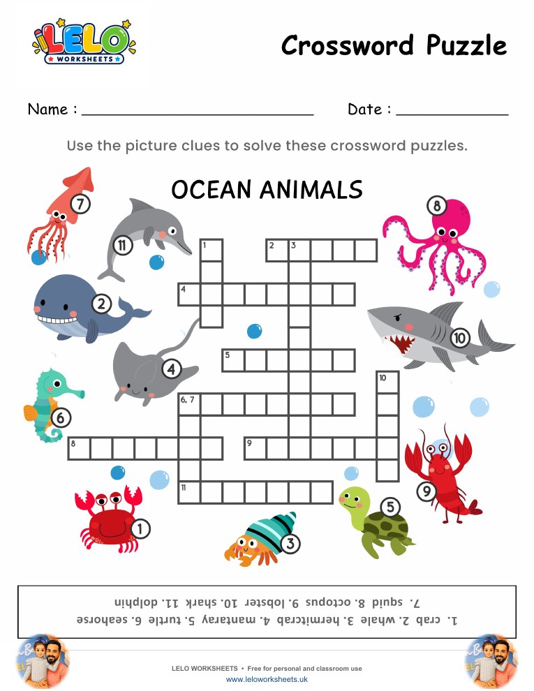 Crossword Puzzle Ocean Animals Worksheet worksheet preview