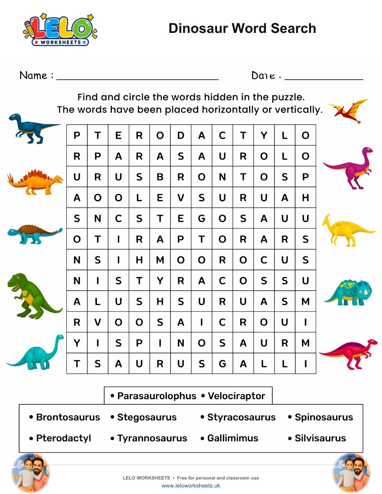 Dinosaur Word Search puzzle worksheet preview