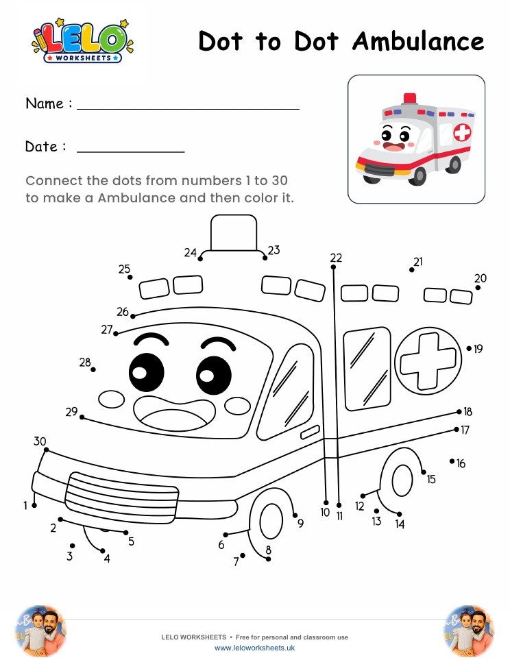 Dot to Dot Ambulance Worksheet worksheet preview