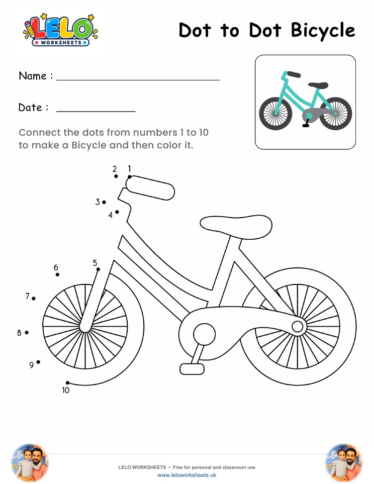 Dot to Dot Bicycle Worksheet worksheet preview