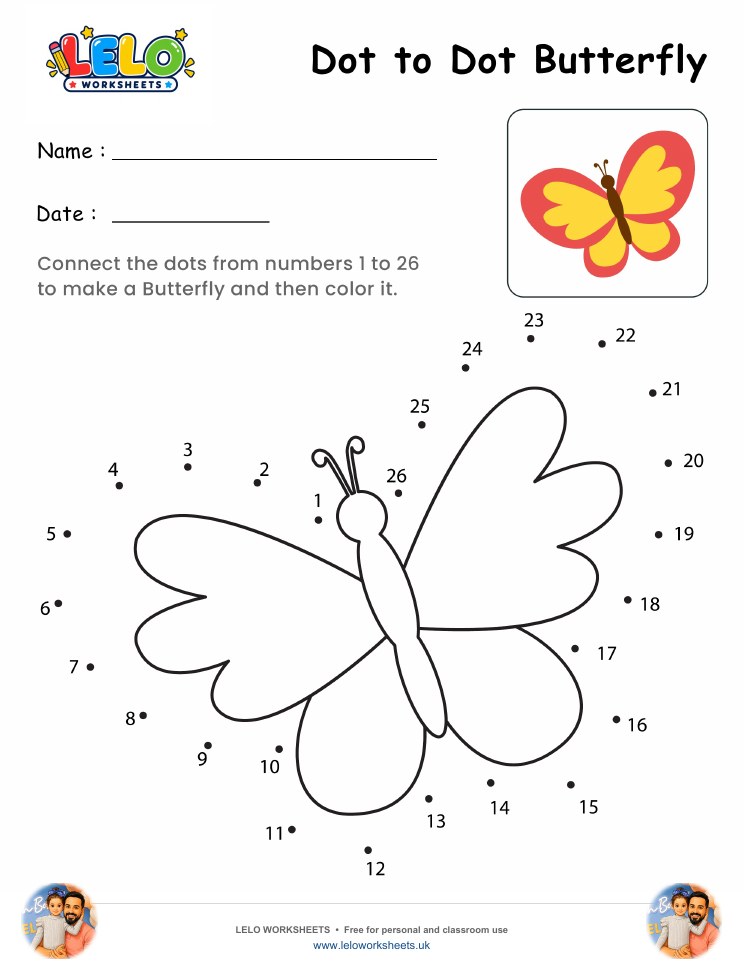 Dot to Dot Butterfly Worksheet worksheet preview