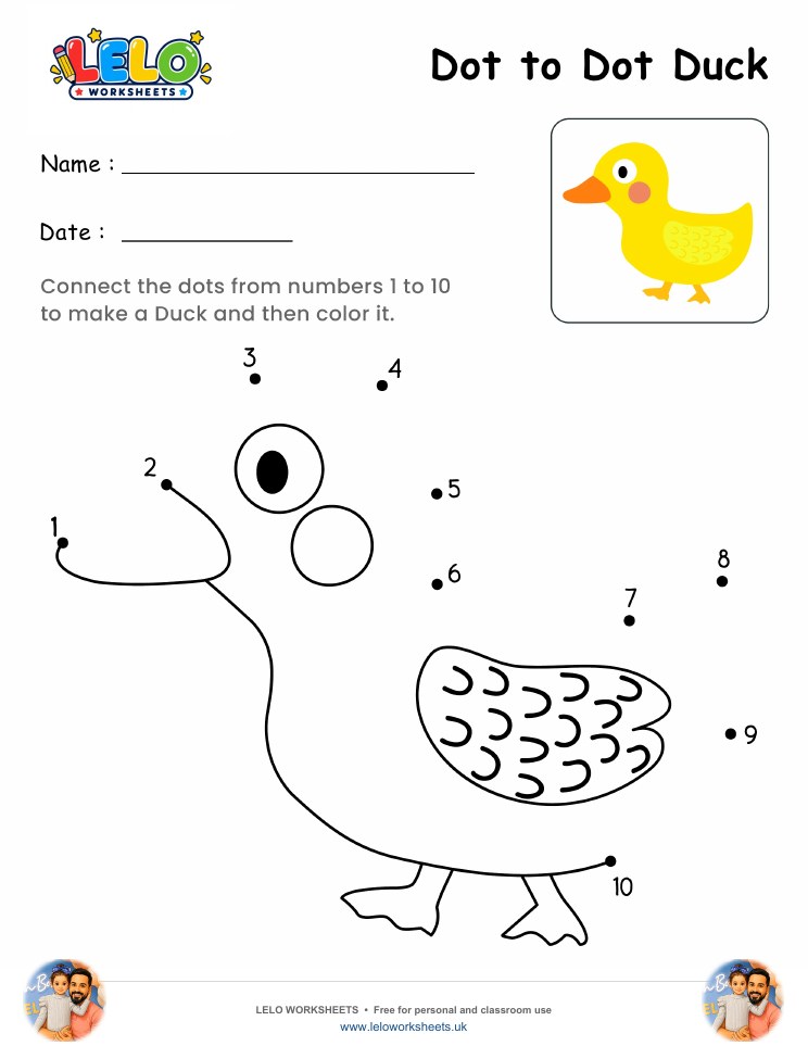 Dot to Dot Duck Worksheet worksheet preview