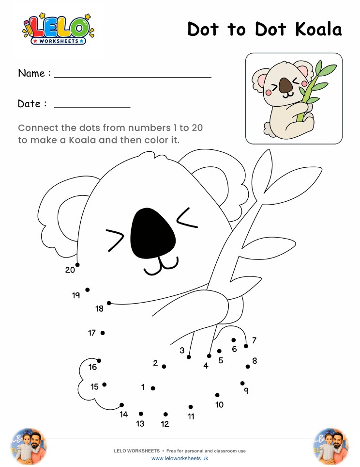 Dot to Dot koala Worksheet worksheet preview