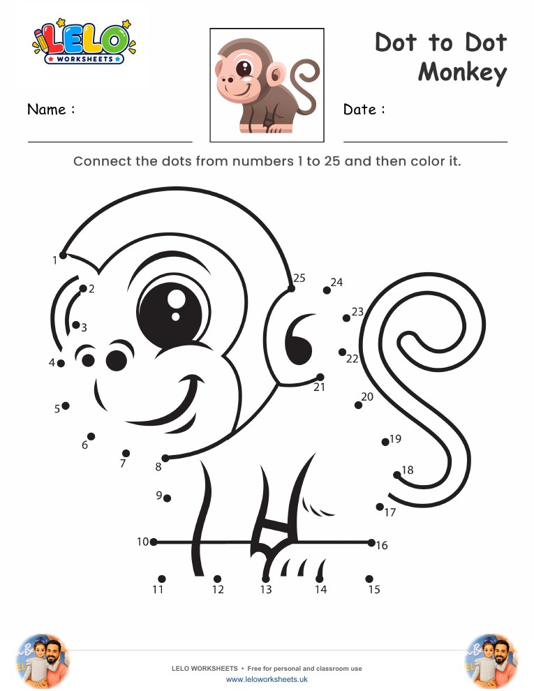 Dot to Dot Monkey Worksheet worksheet preview