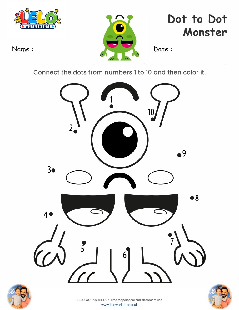 Dot to Dot Monster Worksheet worksheet preview