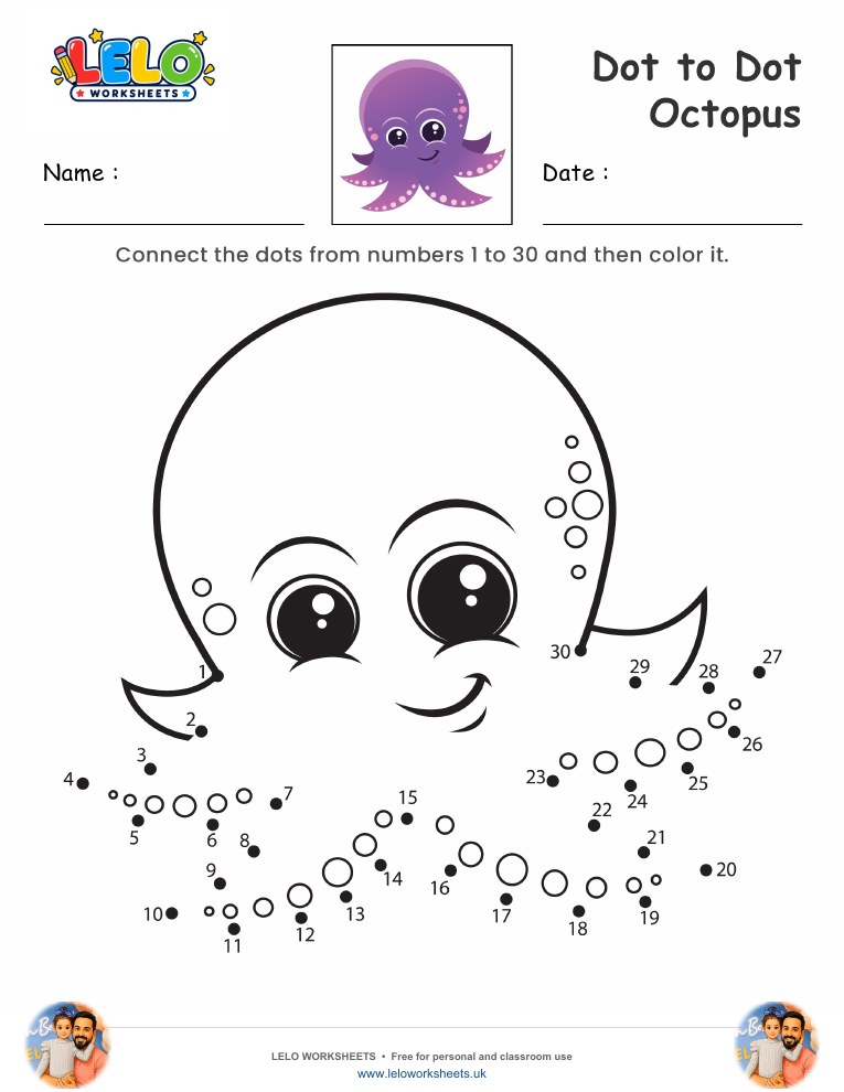 Dot to Dot Octopus Worksheet worksheet preview