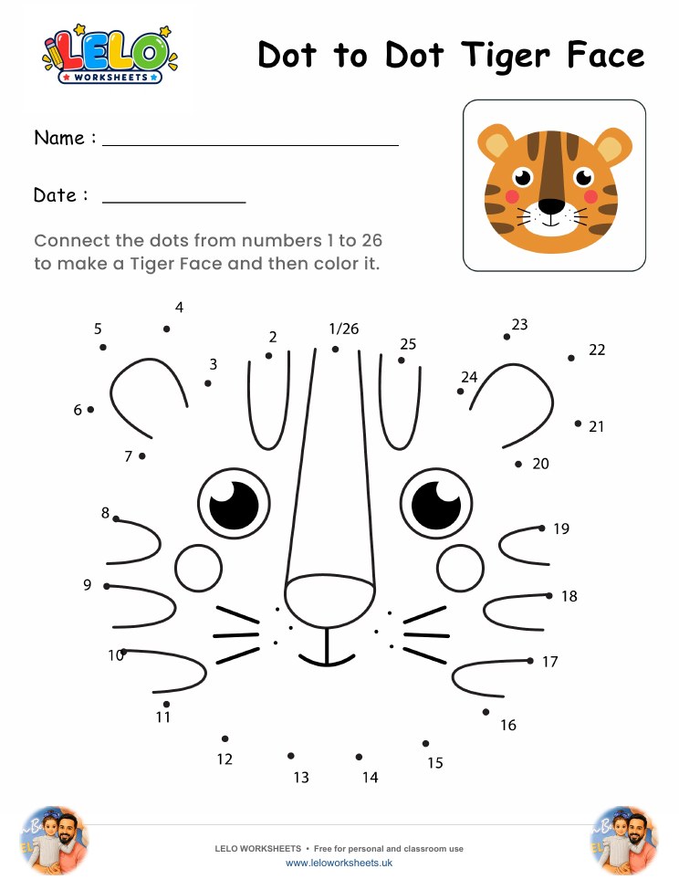 Dot to Dot Tiger Face Worksheet worksheet preview