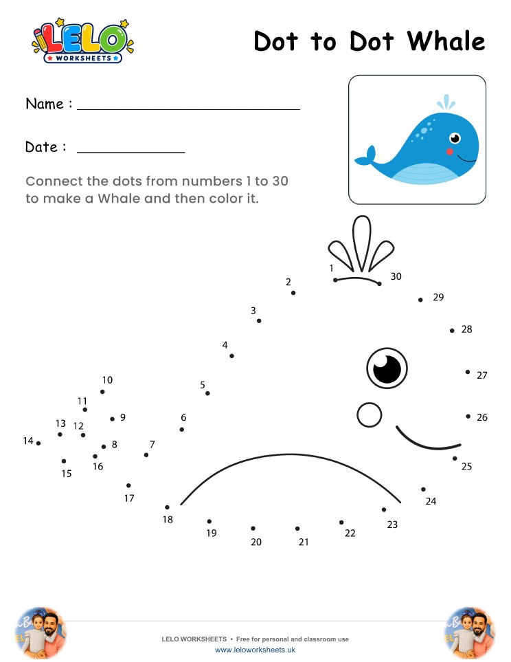 Dot to Dot Whale Worksheet worksheet preview