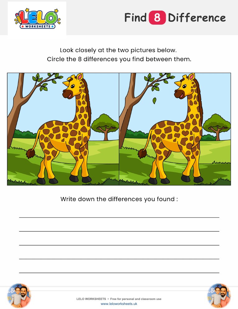 Giraffe Spot the Difference Worksheet worksheet preview