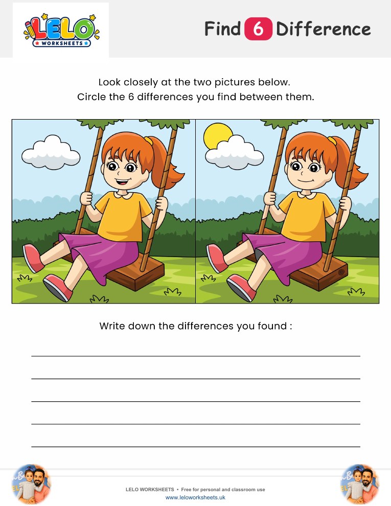 Girl Spot the Difference Worksheet worksheet preview