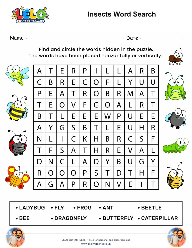 Insects Word Search puzzle worksheet preview