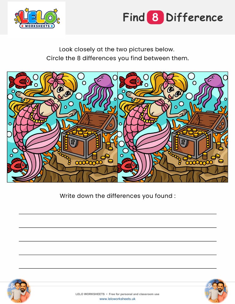 Mermaid Spot the Difference Worksheet worksheet preview