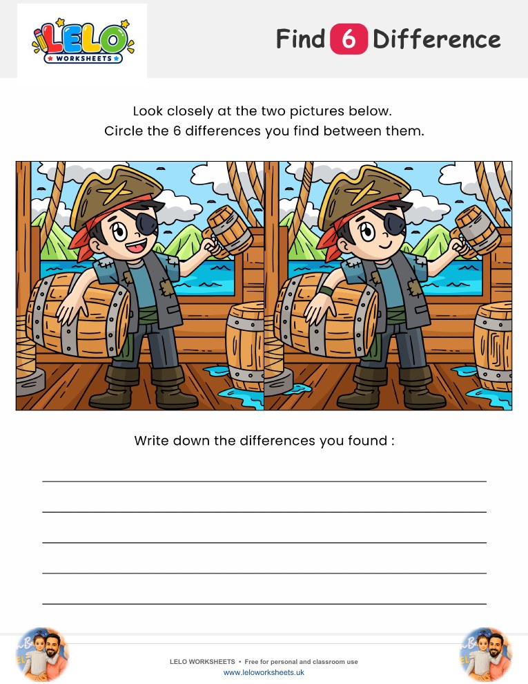 Pirate Spot the Difference Worksheet worksheet preview