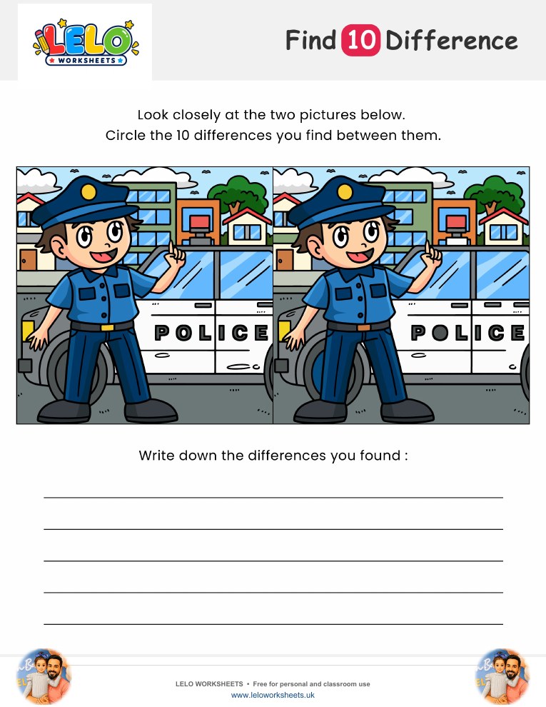 Police Officer Spot the Difference Worksheet worksheet preview